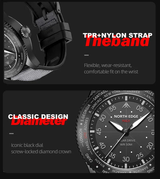 NORTH EDGE MACH 2024 Pilot Watch – Solar Powered, Dual Time, Waterproof