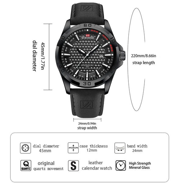 VA VA VOOM Men's Sport Quartz Watch – Military Style, Calendar, Waterproof, Leather