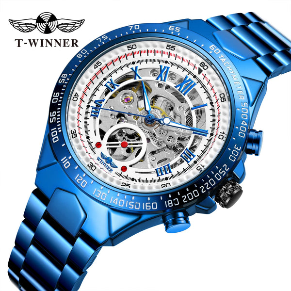2024 Blue Dial Stainless Steel Skeleton Mechanical Automatic Watch Military Waterproof Male Wrist Watches High End Luxury