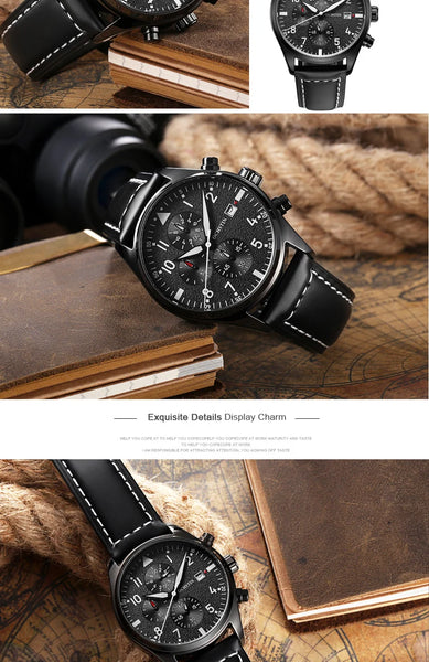 OCHSTIN Men’s Sports Watch – Waterproof Quartz, Calendar, Three-Eye Dial, Leather Strap, Fashion Casual