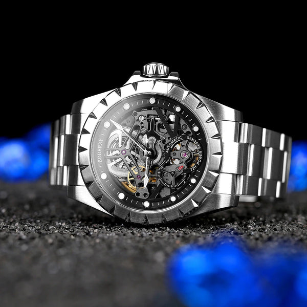 Boderry Windmill Men's Skeleton Watch – Automatic Mechanical Waterproof Sports Wristwatch, Stylish Fashion Timepiece