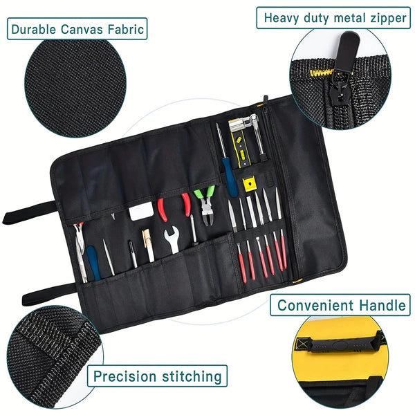 Canvas Roll Up Tool Bag, Multi-Purpose Tool Pouch with Zipped Compartments Heavy Duty Hanging Tool Organizer for Wrench Screwdriver