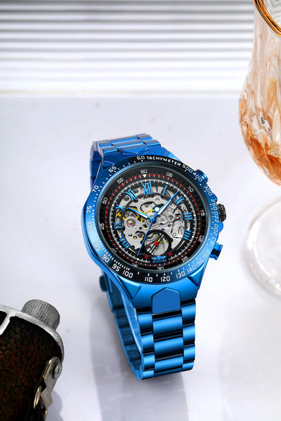 2024 Blue Dial Stainless Steel Skeleton Mechanical Automatic Watch Military Waterproof Male Wrist Watches High End Luxury