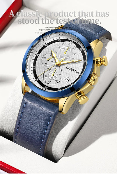 OCHSTIN Men’s Quartz Chronograph Watch – Waterproof, Leather Strap, Luminous Hands, Luxury Wristwatch