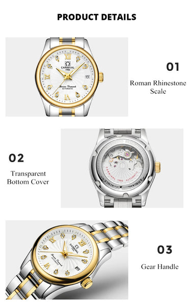 CARNIVAL Women’s Automatic Watch – Luxury Sapphire Mechanical, Calendar, Luminous, Waterproof Reloj Mujer