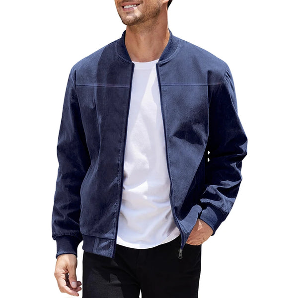 Men's Suede Bomber Jacket – Solid Color, Round Neck, Zipper Closure, Casual Sport & Golf Outerwear
