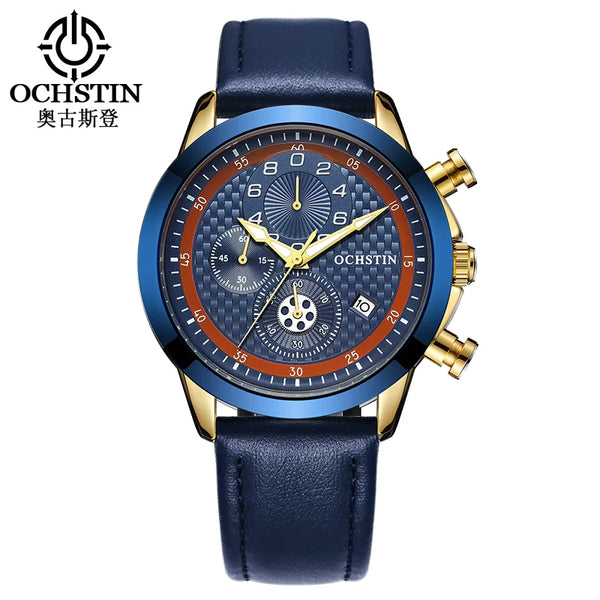 OCHSTIN Men’s Quartz Chronograph Watch – Waterproof, Leather Strap, Luminous Hands, Luxury Wristwatch