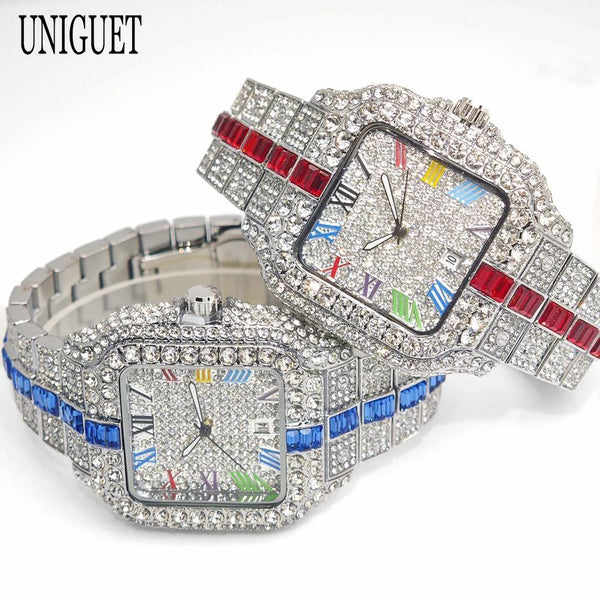2025 Men's Luxury Watch – Rainbow Dial, Diamond Bling, Waterproof, Hip Hop Style