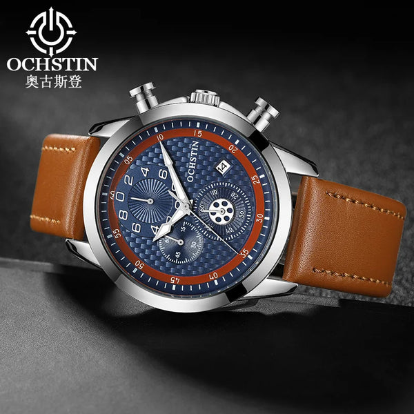 OCHSTIN Men’s Quartz Chronograph Watch – Waterproof, Leather Strap, Luminous Hands, Luxury Wristwatch