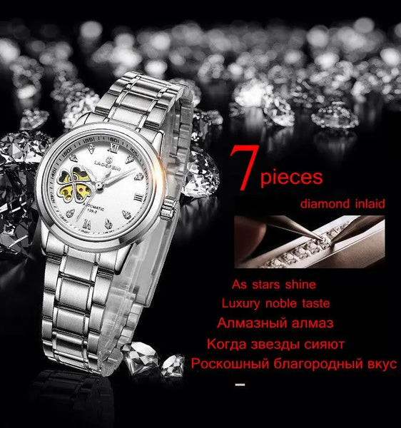 Women's Automatic Watch – Diamond Four-Leaf Clover Dial, Rose Leather Strap, Waterproof, Mechanical Luxury Wristwatch