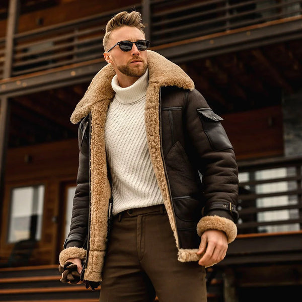 Men’s Leather Bomber Jacket – Fleece-Lined, Fur Lapel Collar, Warm Winter Coat, Plus Size Pilot Style