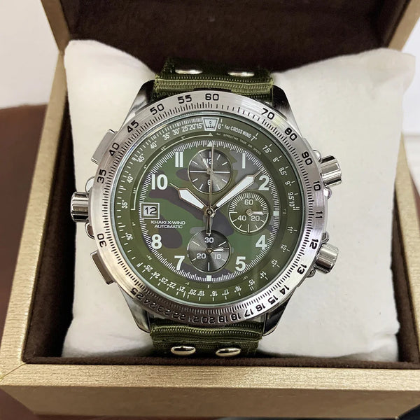 Men's Chronograph Watch – Blue Camouflage Dial, Yellow Accents, Luminous Hands, Leather Canvas Strap, Multifunction Movement