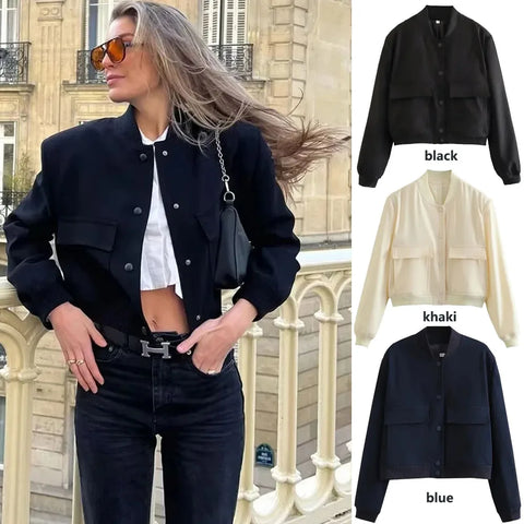 Women's White Cropped Bomber Jacket – Button-Up Baseball Aviator Style, Long Sleeve Autumn/Winter Coat