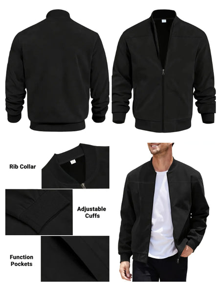 Men's Suede Bomber Jacket – Solid Color, Round Neck, Zipper Closure, Casual Sport & Golf Outerwear