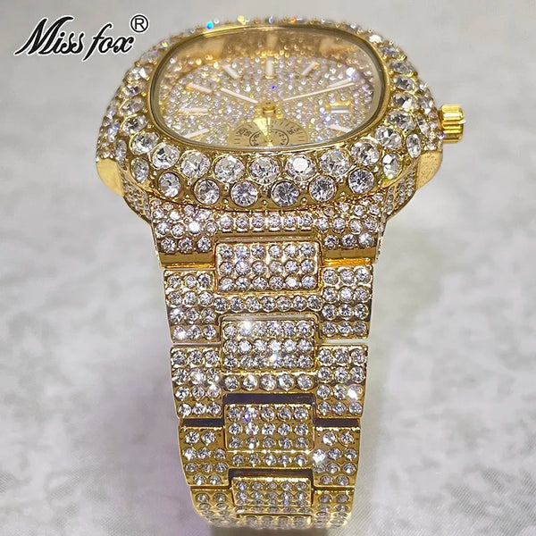 MISSFOX Men's Iced Out Watch – 18K Gold, Full Diamond, Auto Date, Waterproof