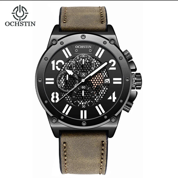 OCHSTIN Men’s Quartz Watch – Waterproof, Leather Strap, Luminous Hands, Multifunction Chronograph