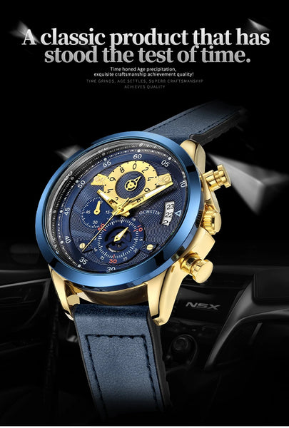 OCHSTIN Men’s Quartz Watch – Waterproof, Leather-Covered Rubber Strap, Classic Casual Wristwatch