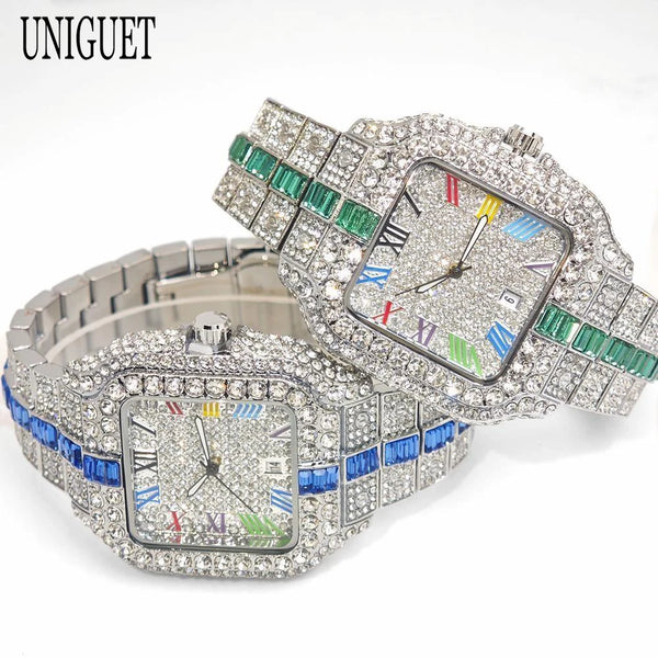 2025 Men's Luxury Watch – Rainbow Dial, Diamond Bling, Waterproof, Hip Hop Style