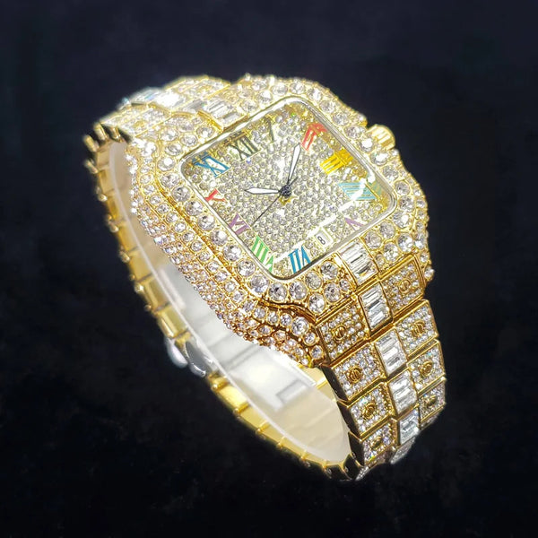 2025 Men's Iced Out Watch – Square, Diamond Bling, Colorful Numbers, Hip Hop Style