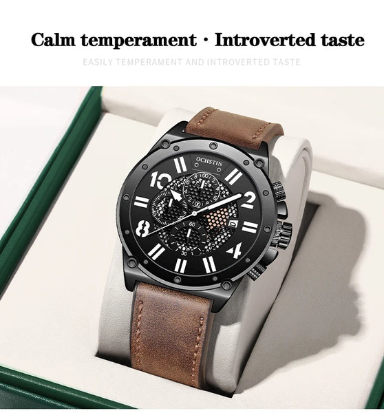 OCHSTIN Men’s Quartz Watch – Waterproof, Leather Strap, Luminous Hands, Multifunction Chronograph