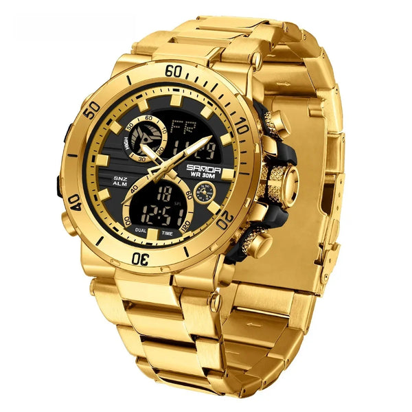 Solar-Powered Business Watch – Dual Display, Steel Band, Luminous Hands