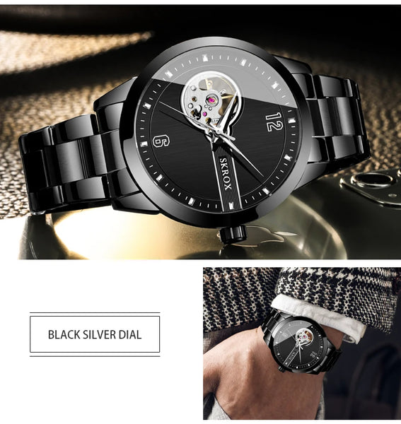 2024 New Design SKROX Original Luxury Luminous Skeleton Automatic Mechanical Watch Male Steel Strip Sports Waterproof