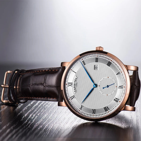 Carnival Men’s Luxury Watch – Automatic Mechanical, Waterproof, Rose Gold/Silver, Calendar