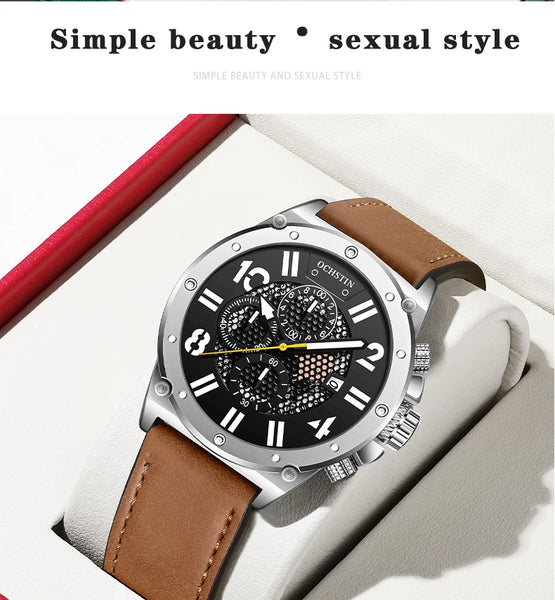 OCHSTIN Men’s Quartz Watch – Waterproof, Leather Strap, Luminous Hands, Multifunction Chronograph