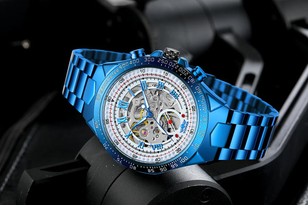 2024 Blue Dial Stainless Steel Skeleton Mechanical Automatic Watch Military Waterproof Male Wrist Watches High End Luxury