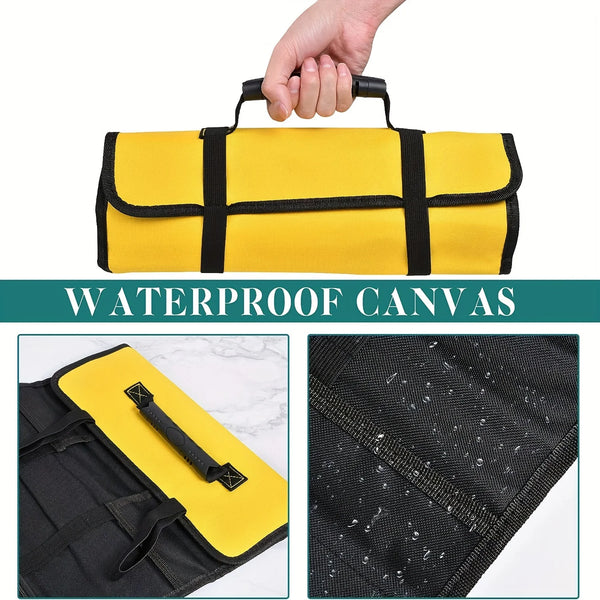 Canvas Roll Up Tool Bag, Multi-Purpose Tool Pouch with Zipped Compartments Heavy Duty Hanging Tool Organizer for Wrench Screwdriver