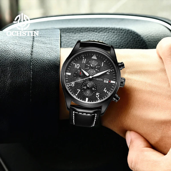 OCHSTIN Men’s Sports Watch – Waterproof Quartz, Calendar, Three-Eye Dial, Leather Strap, Fashion Casual
