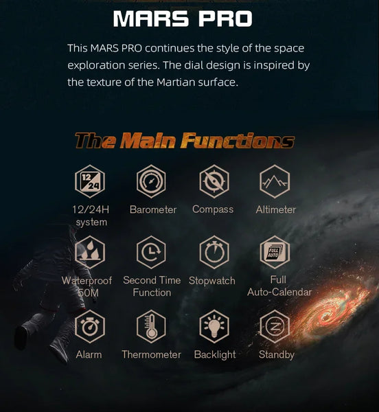 The NORTH EDGE MARS Pro is a rugged, multifunctional digital watch designed for outdoor enthusiasts, military use, and adventure seekers. It features a carbon fiber case, altimeter, barometer, compass, and 50M water resistanc