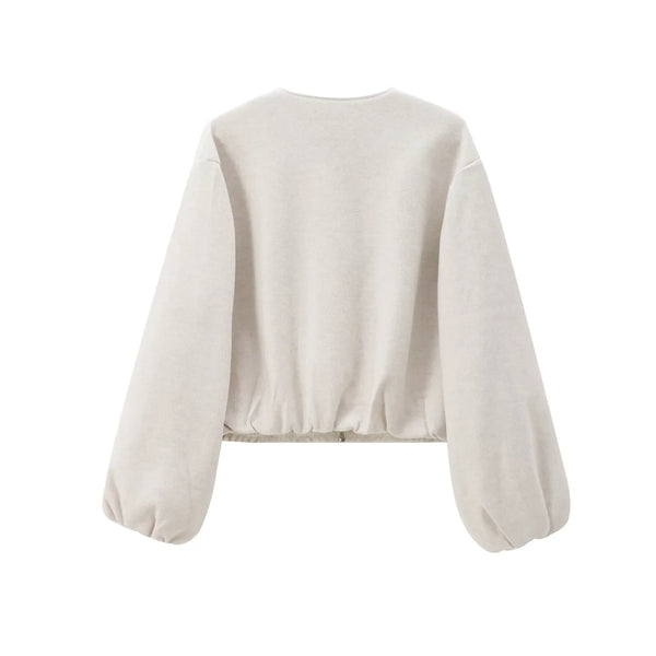 HXAO Women's Cropped Bomber Jacket – Faux Wool Zip-Up Coat, Long Sleeve Autumn/Winter Outerwear in Gray & Beige