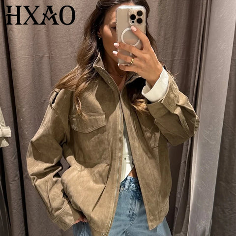 HXAO Leather Jacket Women Autumn Oversized Bomber Jacket New In Coats & Jackets Stand Collar Long Sleeve Tops Fashion Outerwear
