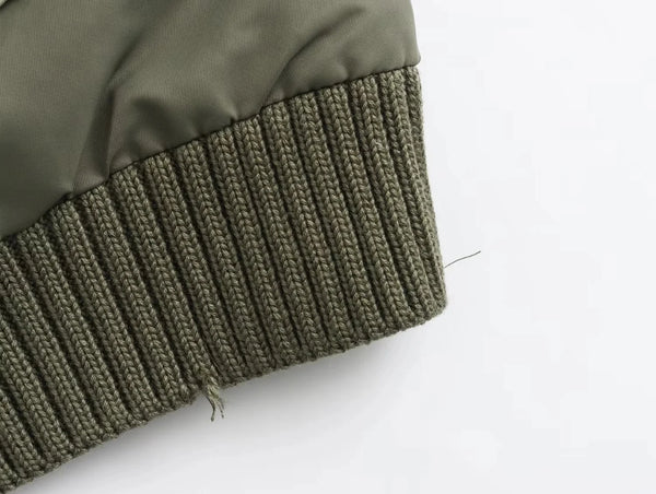 Women's Oversized Army Green Bomber Jacket – Streetwear Patchwork Style with Zipper Pockets, 2025 Fall/Winter Fashion