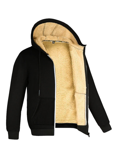Unisex Winter Lambswool Hoodie Jacket – Thick Warm Fleece, Zipper, Black, Casual Coat