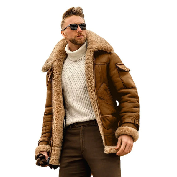 Men’s Leather Bomber Jacket – Fleece-Lined, Fur Lapel Collar, Warm Winter Coat, Plus Size Pilot Style