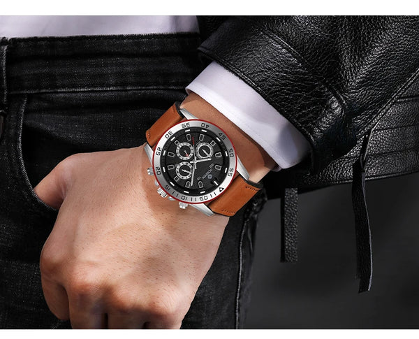 OCHSTIN Men’s Quartz Watch – Waterproof, Leather Strap, 24-Hour Display, Multifunction Classic Wristwatch