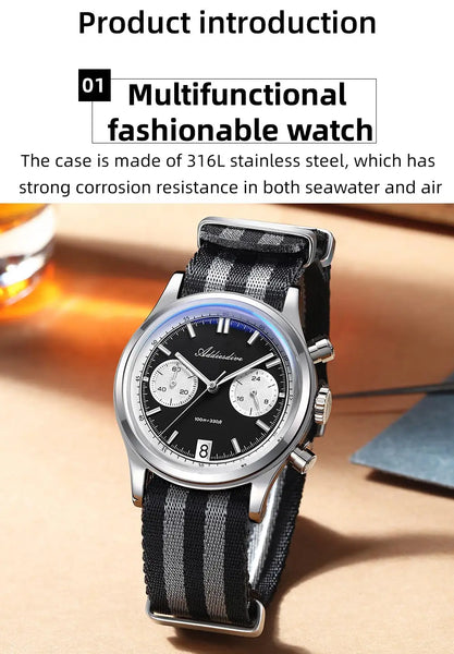 ADDIESDIVE Top Brand Man Watch BGW9 Super Luminous 10Bar Waterproof Bubble Mirror Glass VK64 Chronograph Quartz Steel Wristwatch