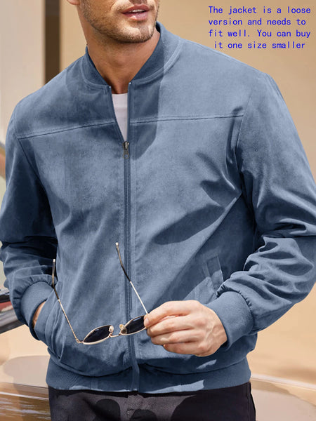 Men's Suede Bomber Jacket – Solid Color, Round Neck, Zipper Closure, Casual Sport & Golf Outerwear