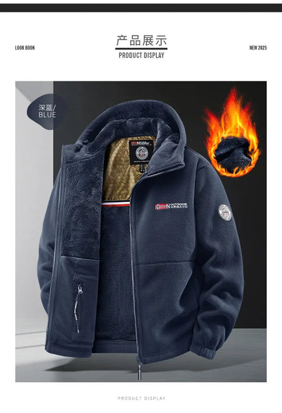 Men's Norwegian Fleece Hooded Jacket – Thick Plus Size Autumn/Winter Outdoor Coat, Warm Couple Fleece Outerwear