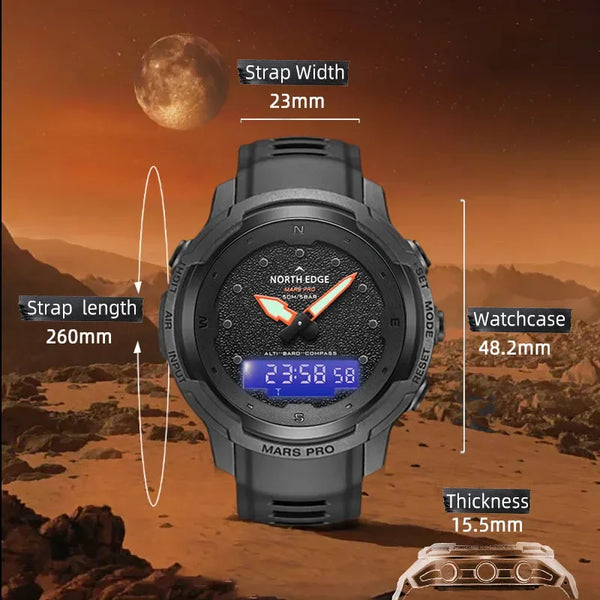 The NORTH EDGE MARS Pro is a rugged, multifunctional digital watch designed for outdoor enthusiasts, military use, and adventure seekers. It features a carbon fiber case, altimeter, barometer, compass, and 50M water resistanc