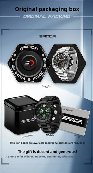 Solar-Powered Business Watch – Dual Display, Steel Band, Luminous Hands