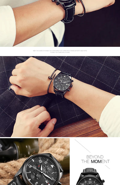 OCHSTIN Men’s Sports Watch – Waterproof Quartz, Calendar, Three-Eye Dial, Leather Strap, Fashion Casual