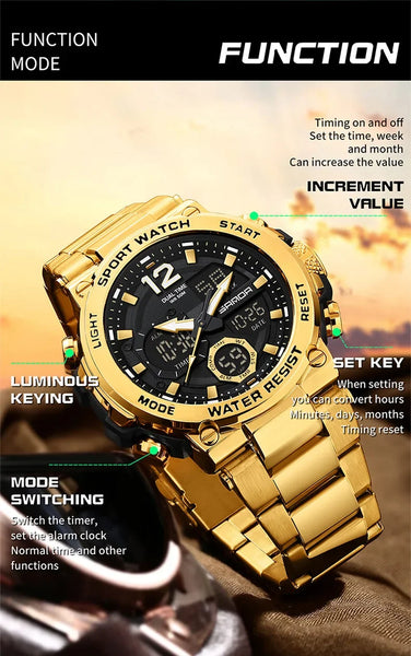 Solar-Powered Business Watch – Dual Display, Steel Band, Luminous Hands