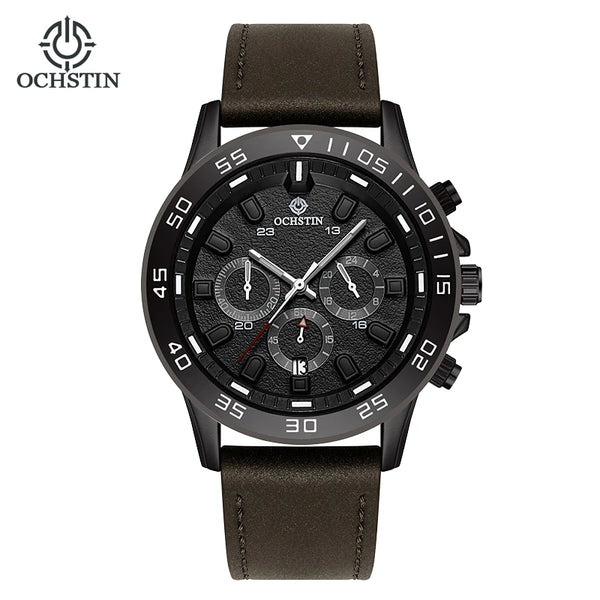 OCHSTIN Men’s Quartz Watch – Waterproof, Leather Strap, 24-Hour Display, Multifunction Classic Wristwatch