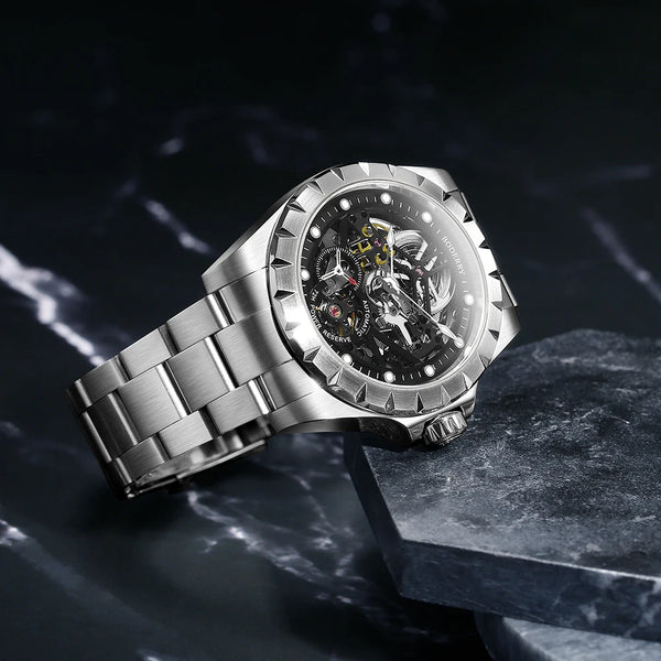 Boderry Windmill Men's Skeleton Watch – Automatic Mechanical Waterproof Sports Wristwatch, Stylish Fashion Timepiece