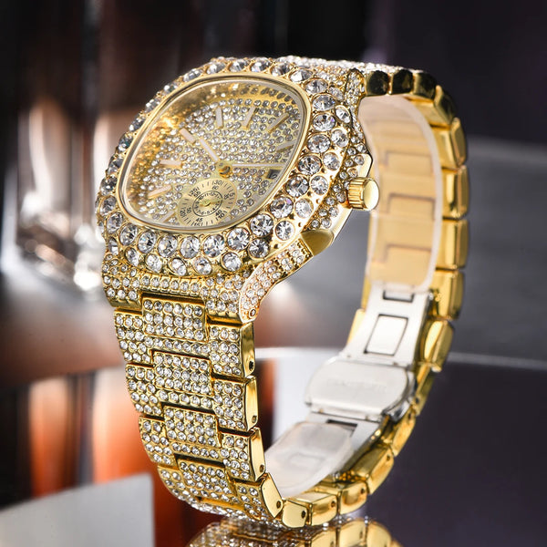 MISSFOX Men's Iced Out Watch – 18K Gold, Full Diamond, Auto Date, Waterproof