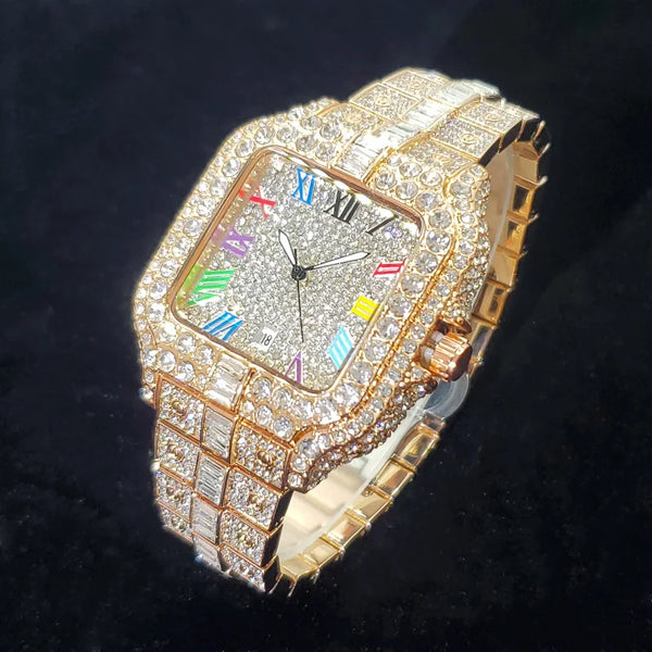 2025 Men's Iced Out Watch – Square, Diamond Bling, Colorful Numbers, Hip Hop Style