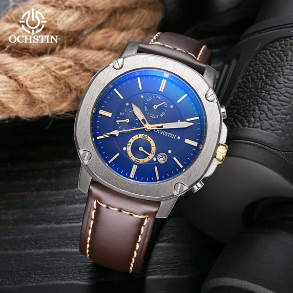 OCHSTIN Men’s Quartz Chronograph Watch – Waterproof, Leather Strap, Multifunction, Casual Business Style